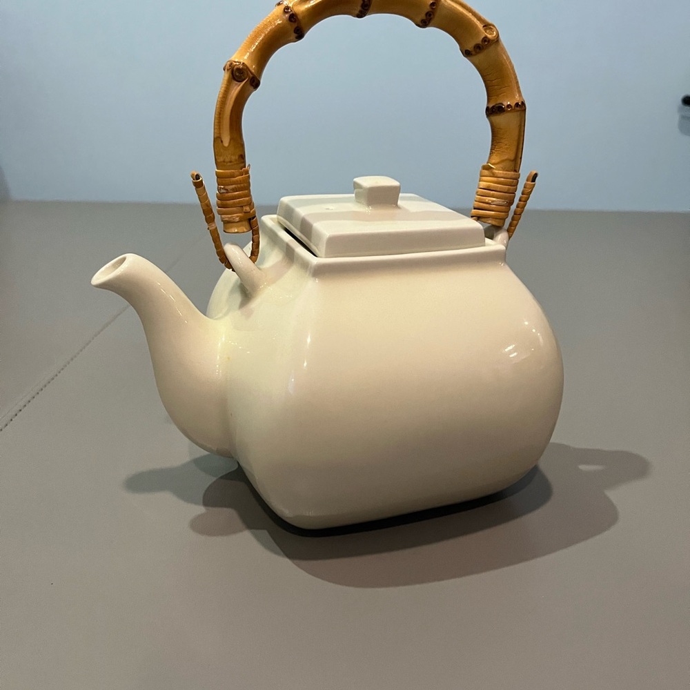 Pottery Barn Cream Teapot with Bamboo Handle